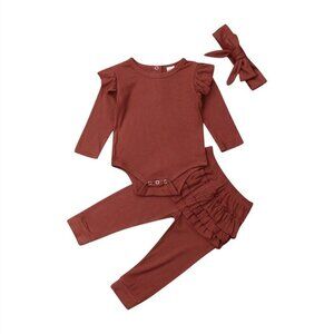 Baby Girl New 18 Months Ruffled Deep Red 3 Piece Pant Romper and Bow Outfit 18M